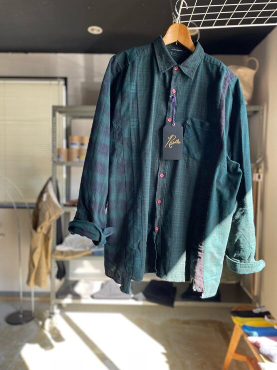 【Unisex】Rebuild by Needles | リビルドバイニードルズ　Flannel Shirt  7Cut Wide Sht / Over Dye - GREEN Ⅰ