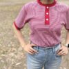 【Ladies】Healthknit | ヘルスニット　Basic Waffle Henlyneck S/S Tee - RED×OFF BORDER [601S_BORDER] - 画像 (2)