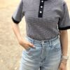 【Ladies】Healthknit | ヘルスニット　Basic Waffle Henlyneck S/S Tee - BLACK×OFF BORDER [601S_BORDER] - 画像 (2)