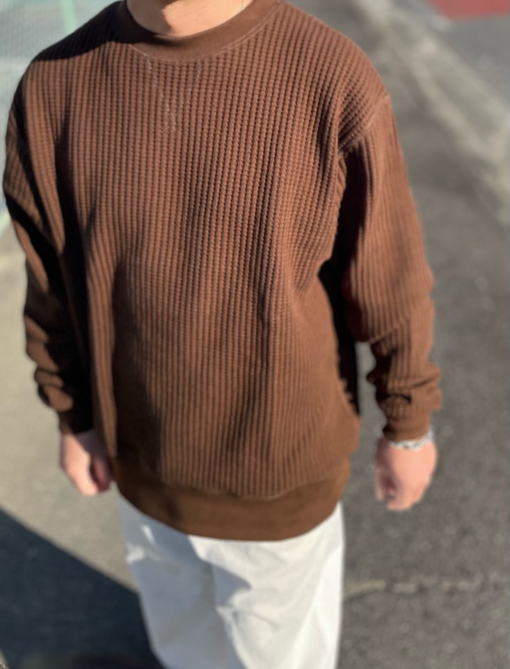 【Unisex】JEMORGAN | ジェーイーモーガン Big Waffle Crew Neck - BROWN - 画像 (6)