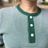 【Ladies】Healthknit | ヘルスニット　Basic Waffle Henlyneck S/S Tee - GREEN×OFF BORDER [601S_BORDER] - 画像 (3)