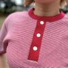 【Ladies】Healthknit | ヘルスニット　Basic Waffle Henlyneck S/S Tee - RED×OFF BORDER [601S_BORDER] - 画像 (3)