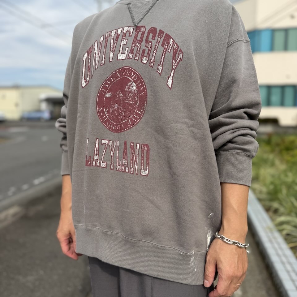 【Unisex】free rage | フリーレイジ "LAZYLAND" ハンドクラフト裏毛クルースウェット - USED GREY - 画像 (6)